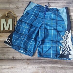 Quiksilver blue plaid board shorts w/11.5" inseam
